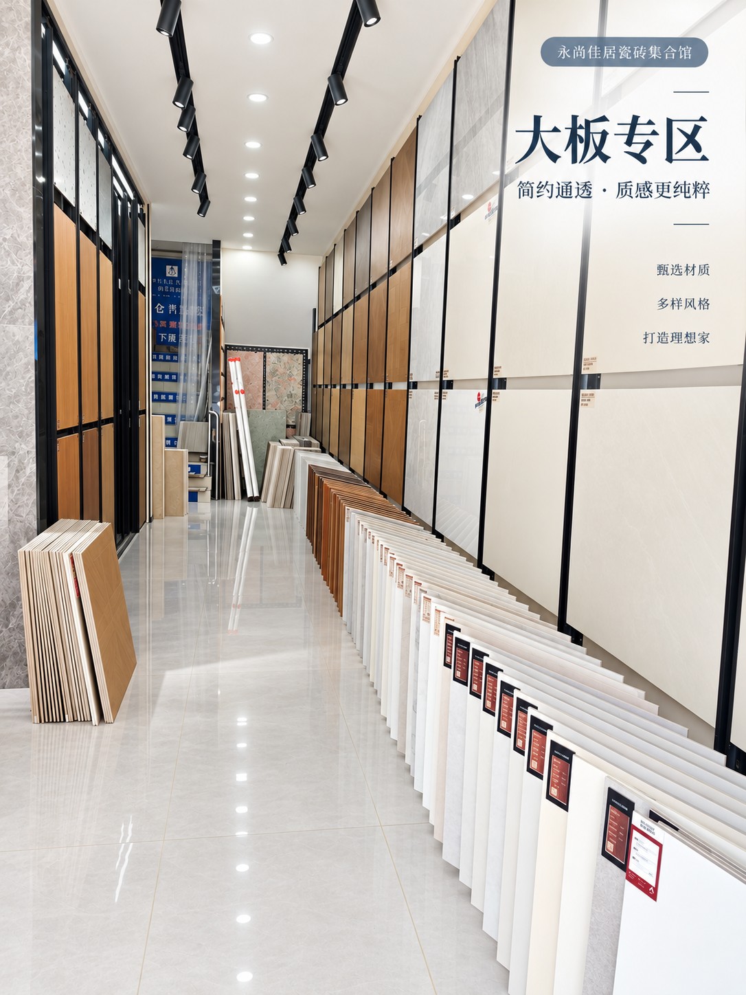 永尚佳居瓷砖集合馆内大规格瓷砖与木纹砖实物展示
